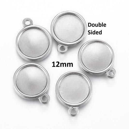 P888 - 10 pcs. 304 Stainless Steel Silver Tone Circle Round Bezel Cabochon Pendant Tags Trays - 12mm Glue Pad - Single Loop - Double Sided