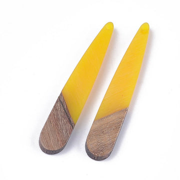 M00027 - 4 pcs. Yellow Mustard Resin and Wood Teardrop Flat Pendant - 44mm x 8mm - (1.73" x 0.32") - Great for Earrings and Necklaces!