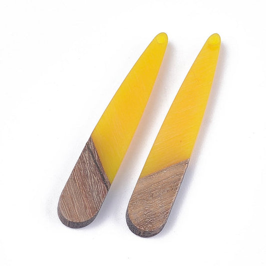 M00027 - 4 pcs. Yellow Mustard Resin and Wood Teardrop Flat Pendant - 44mm x 8mm - (1.73" x 0.32") - Great for Earrings and Necklaces!