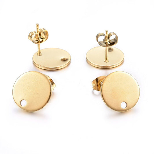 E482 - 10 pcs. (5 pairs) 304 Stainless Steel Golden Earring Posts/Bases/Studs/Settings - 12mm Diameter - Hole Size: 1.8mm