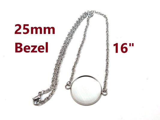 N209 - 3 pcs. 304 Stainless Steel Silver Tone Chain Necklaces - 16" (40.7cm) - 25mm Bezel - Tarnish Resistant!