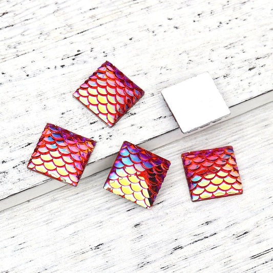CA409 - 10 pcs Mermaid Fish Scales Resin Carved Embellishment Cabochons Red Pink AB - Square - 16mm