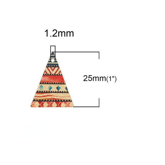 P692 - 10 pcs. Gold Plated Multicolor Enamel Triangle Metal Dangle Charms Pendants - 25mm x 18mm - 1" - Tribal - For Earrings, Necklaces, Dangles