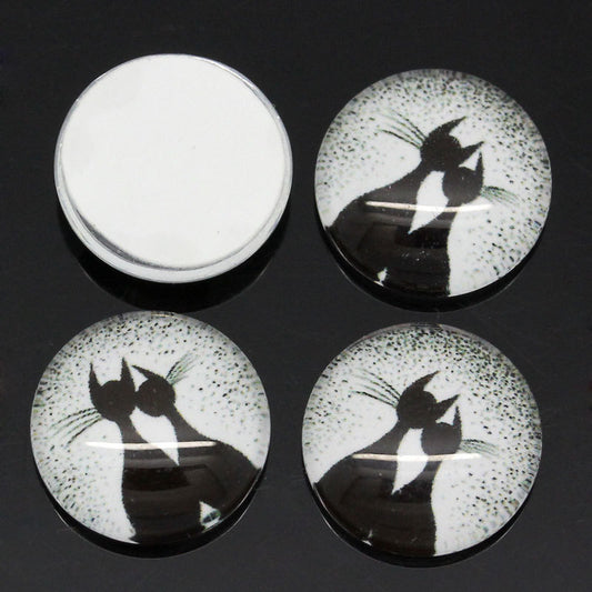 CA107 - 10 pcs Circle Black and White Cat Glass Round Dome Seals Tiles Cabochons - 12mm - Couple