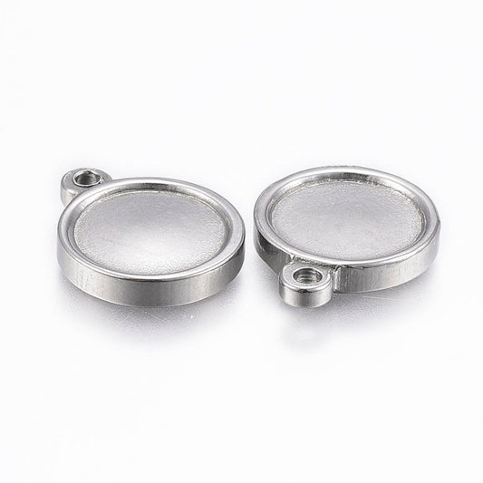 P888 - 10 pcs. 304 Stainless Steel Silver Tone Circle Round Bezel Cabochon Pendant Tags Trays - 12mm Glue Pad - Single Loop - Double Sided