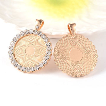 P504 - 2 pcs. Golden Rhinestone Pendant Trays Circle Posts Settings Bezels Cabochons - 25mm Glue Pad Setting (1 inch)