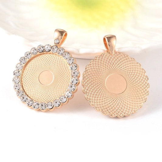 P504 - 2 pcs. Golden Rhinestone Pendant Trays Circle Posts Settings Bezels Cabochons - 25mm Glue Pad Setting (1 inch)