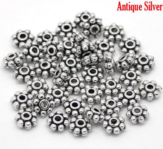 BD521 - 400 pcs Antique Silver Snowflake Daisy Spacer Beads- 5mm