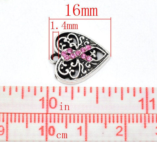P960 - 20 pcs. Antique Silver Ribbon Pink Rhinestone Breast Cancer Heart Charms Pendants - 16mm x 14mm