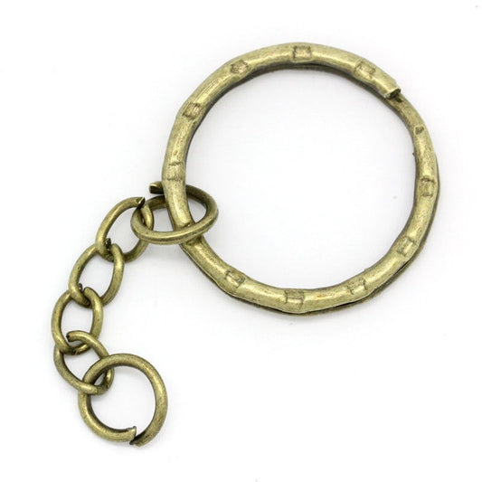 J140 - 10 pcs. - Antique Bronze Split Key Chain rings with Chain- 53mm x 25mm - 2 1/8 inches long!