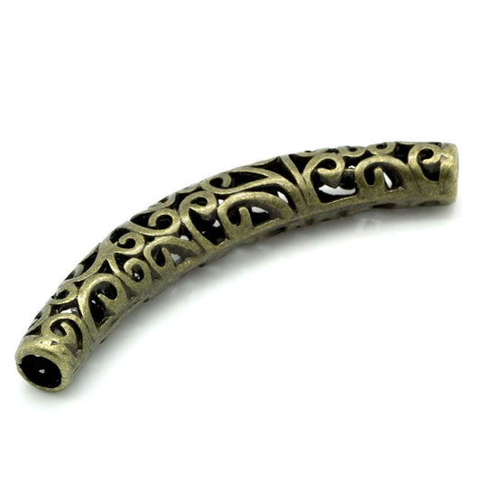 BD468 - 5 pcs. Antique Bronze Noodle Carved Hollow Filigree Pattern Tube Extra Long Curved Beads - 66mm x 12mm (2 5/8" x 1/2") - Hole Size: 5.6mm