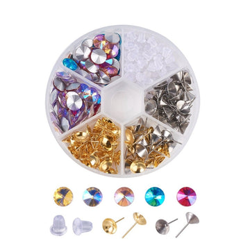 E721 - 240 pcs Assortment Box - Gold Iron and Silver Stainless Steel Pointed Back Stud Setting Posts - with 8mm Glass Cabochons! Box Included!