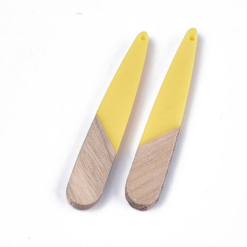 MP0028 - 4 pcs. Yellow Creamy Resin and Wood Teardrop Flat Pendant - 44mm x 8mm - (1.73" x 0.32") - Great for Earrings and Necklaces!