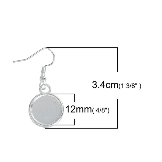 E100 - 10 pcs. Silver Plated Earring Dangle Hooks Settings Bezels Cabochons - 12mm Glue Pad Setting