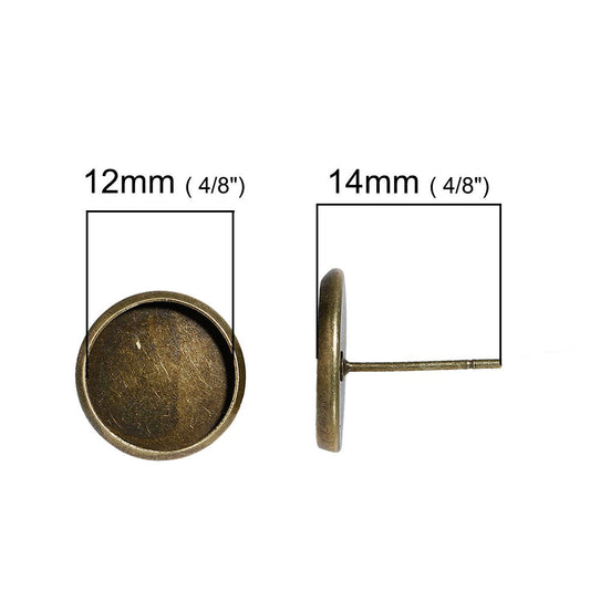 E120 - 50 pcs. Antique Bronze Earring Posts Studs Settings Bezels Cabochons Tacks- 12mm Glue Pad Setting - Flat Base Tray