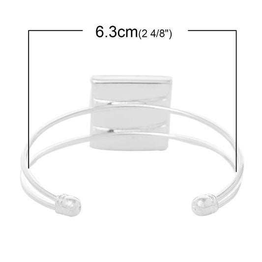B025 - 4 pcs. Silver Plated Bangle Bezel Cabochon Open Square Cuff Bracelets - 17.5cm (6 7/8") - 25mm Glue Pad (1 inch - 1") - Made of Copper!