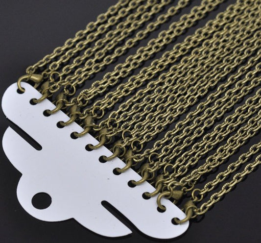 N077 - 12 pcs. Antique Bronze Textured Chain Link Necklaces 24" - (4.5 x 3mm Links) - Lobster Clasps - Claw Clasps