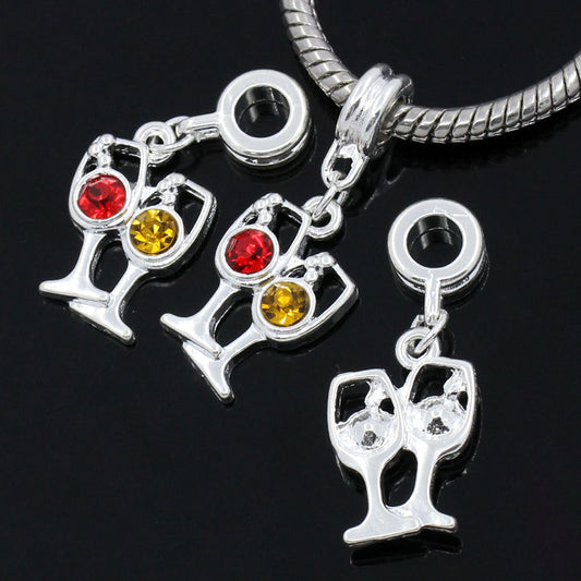 P303 - 5pcs. Silver Plated Wine Goblet Yellow Red Rhinestone Dangle Charms Pendants - Fits European Cords - 31x12mm