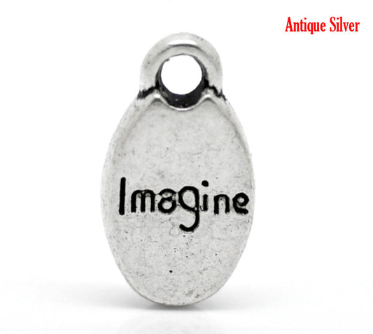 P437 - 50pcs. Antique Silver Imagine Charms Pendants - 15mm x 8mm (5/8"x 3/8")