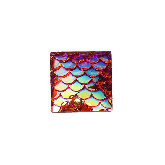 CA409 - 10 pcs Mermaid Fish Scales Resin Carved Embellishment Cabochons Red Pink AB - Square - 16mm