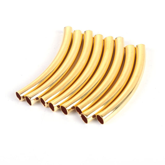BD556 - 100 pcs. Gold Plated Noodle Tube Long Thin Smooth Curved Beads - 50mm x 5mm (2" x 0.2") - Hole Size: 4.2mm -Made of Copper! High Quality!