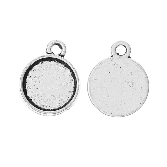 P185 - 10 pcs. Antique Silver Tone Circle Round Bezel Cabochon Pendant Tags Trays - 10mm Glue Pad - 15mm x 12mm - Single Loop
