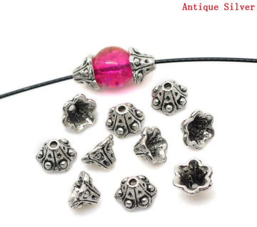 BD309 - 100 pcs. Antique Silver Flower Bead Caps - 6 Petals - 10mm x 5mm (Fits 8-10mm beads)