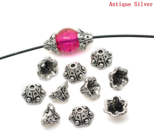 BD309 - 100 pcs. Antique Silver Flower Bead Caps - 6 Petals - 10mm x 5mm (Fits 8-10mm beads)