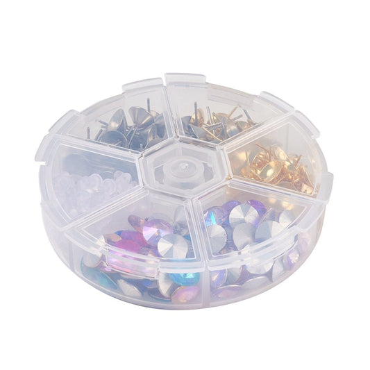 E721 - 240 pcs Assortment Box - Gold Iron and Silver Stainless Steel Pointed Back Stud Setting Posts - with 8mm Glass Cabochons! Box Included!