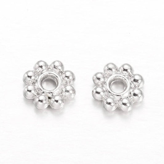 BD680 - 100 pcs Silver Tone Snowflake Daisy Spacer Beads- 5mm x 1.5mm - Hole Size: 1mm - Platinum