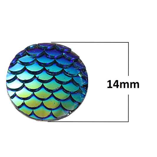 CA410 - 10 pcs Mermaid Fish Scales Resin Carved Embellishment Cabochons Blue AB - 14mm (0.55 in)