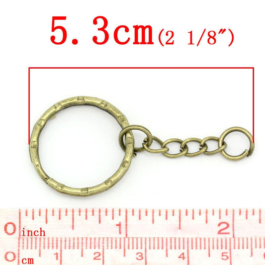 J140 - 10 pcs. - Antique Bronze Split Key Chain rings with Chain- 53mm x 25mm - 2 1/8 inches long!
