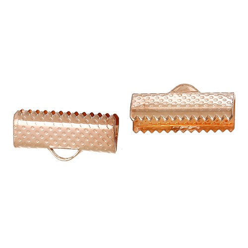 CR019 - 100 pcs. Rose Gold Plated Textured Ribbon Crimp End Caps - 16mm x 8mm