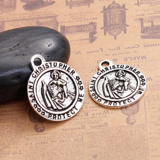 P408A - 10 pcs. Antique Silver Saint Christopher Circle "Protect" Charms Pendants - 29mm x 24mm ( 1 1/8" x 1") - Double Sided