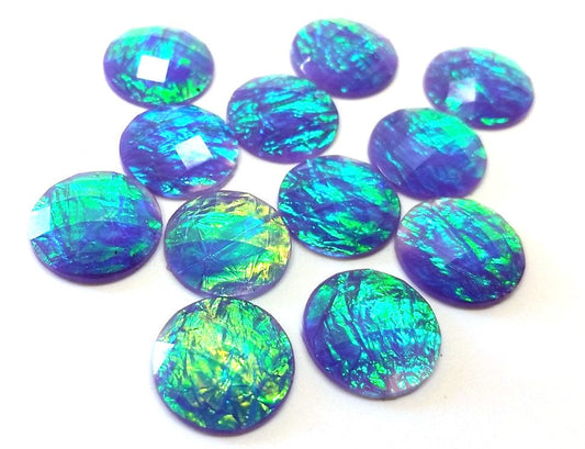 CA653 - 10 pcs Resin Round Embellishment Circle Cabochons Faceted Metal Foil - Purple Multicolor - 16mm - Multi-Color Glitter