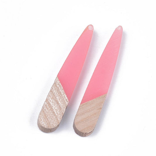 MP0029 - 4 pcs. Pink Resin and Wood Teardrop Flat Pendant - 44mm x 8mm - (1.73" x 0.32") - Great for Earrings and Necklaces!