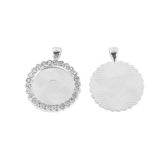 P505 - 2 pcs. Silver Plated Rhinestone Pendant Trays Circle Posts Settings Bezels Cabochons - 25mm Glue Pad Setting (1 inch)