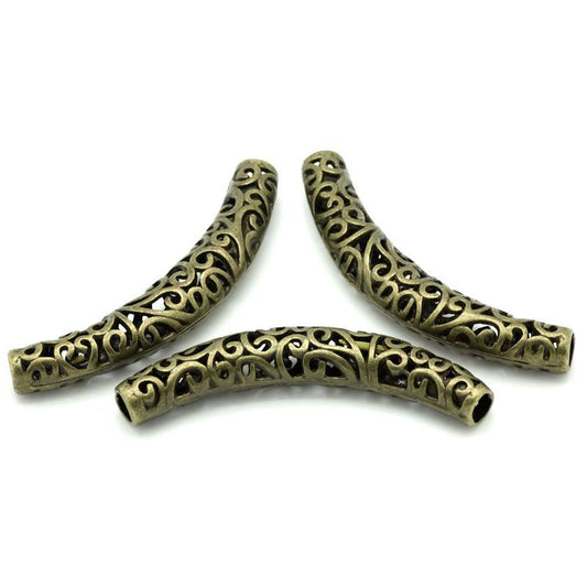 BD468 - 5 pcs. Antique Bronze Noodle Carved Hollow Filigree Pattern Tube Extra Long Curved Beads - 66mm x 12mm (2 5/8" x 1/2") - Hole Size: 5.6mm