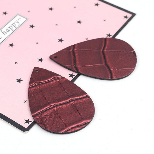 P1056 - 10 pcs. Metallic Red Faux Leather Dangle Pendants - Teardrop - Brick - 56mm (2.2") - Great for Light Earrings and Dangles! Double-Sided