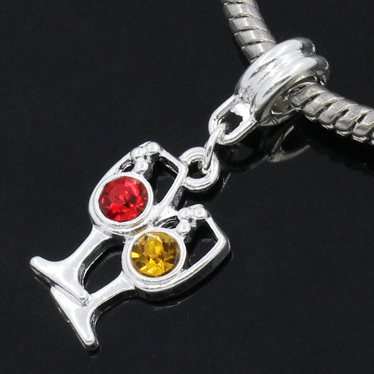P303 - 5pcs. Silver Plated Wine Goblet Yellow Red Rhinestone Dangle Charms Pendants - Fits European Cords - 31x12mm
