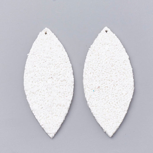 P241 - 10 pcs. White Glitter Faux Leather Dangle Charms Pendants - Marquise - 59mm (2.33") - Great for Earrings &amp; Dangles! Double Sided