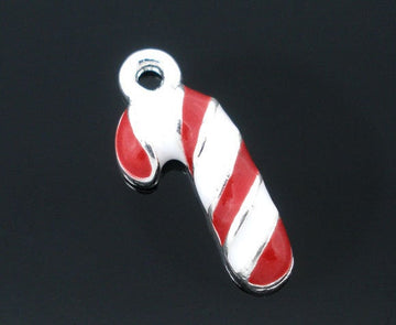 P890 - 20 pcs. Silver Plated Enamel Candy Cane Striped Christmas Charms Pendants - 19mm x 8mm