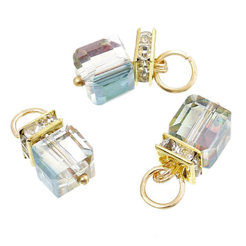 P998 - 10 pcs. Gold Plated Rhinestone Cube Cuboid Blue Multicolor Purple Clear Faceted Glass Rainbow Crystal AB Charm Pendant Dangle - 20mm x 9mm