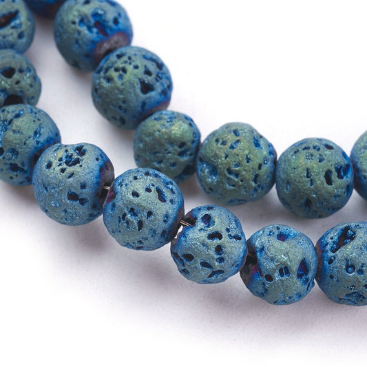 BD939 - 8mm Electroplated Rainbow Blue Green Stone Lava Round Beads - 15" strand - Hole Size: 1mm - Approx. 48 pcs.