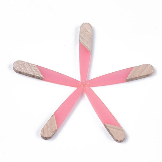 MP0029 - 4 pcs. Pink Resin and Wood Teardrop Flat Pendant - 44mm x 8mm - (1.73" x 0.32") - Great for Earrings and Necklaces!