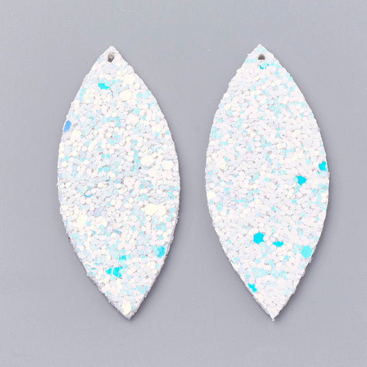 P242 - 10 pcs. White Multicolor Rainbow Faux Leather Dangle Charms Pendants - Marquise - 59mm (2.33") - Great for Earrings &amp; Dangles! Double Sided