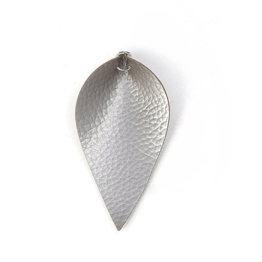 P627 - 10 pcs. Silver Faux Leather Dangle Charms Pendants - Pinch Leaf - Silver Tone Jump Ring - 63mm (2.5") - Great for Light Earrings or Dangles