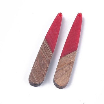 MP0030 - 4 pcs. Red Resin and Wood Teardrop Flat Pendant - 44mm x 8mm - (1.73" x 0.32") - Great for Earrings and Necklaces!