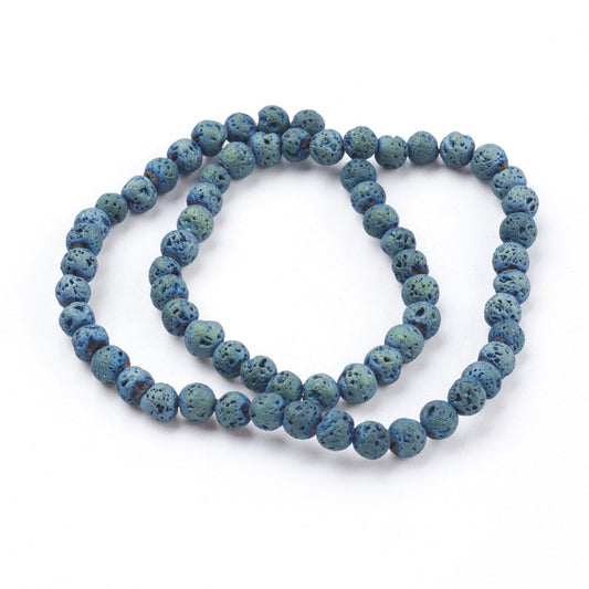BD469 - 6mm Electroplated Rainbow Blue Green Stone Lava Round Beads - 15" strand - Hole Size: 1mm - Approx. 66 pcs.