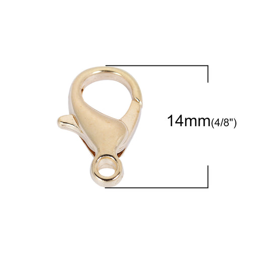 CL039 - 50 pcs. Gold Plated Lobster Clasps - 14mm x 8mm - Hole Size: 1.6mm - Light